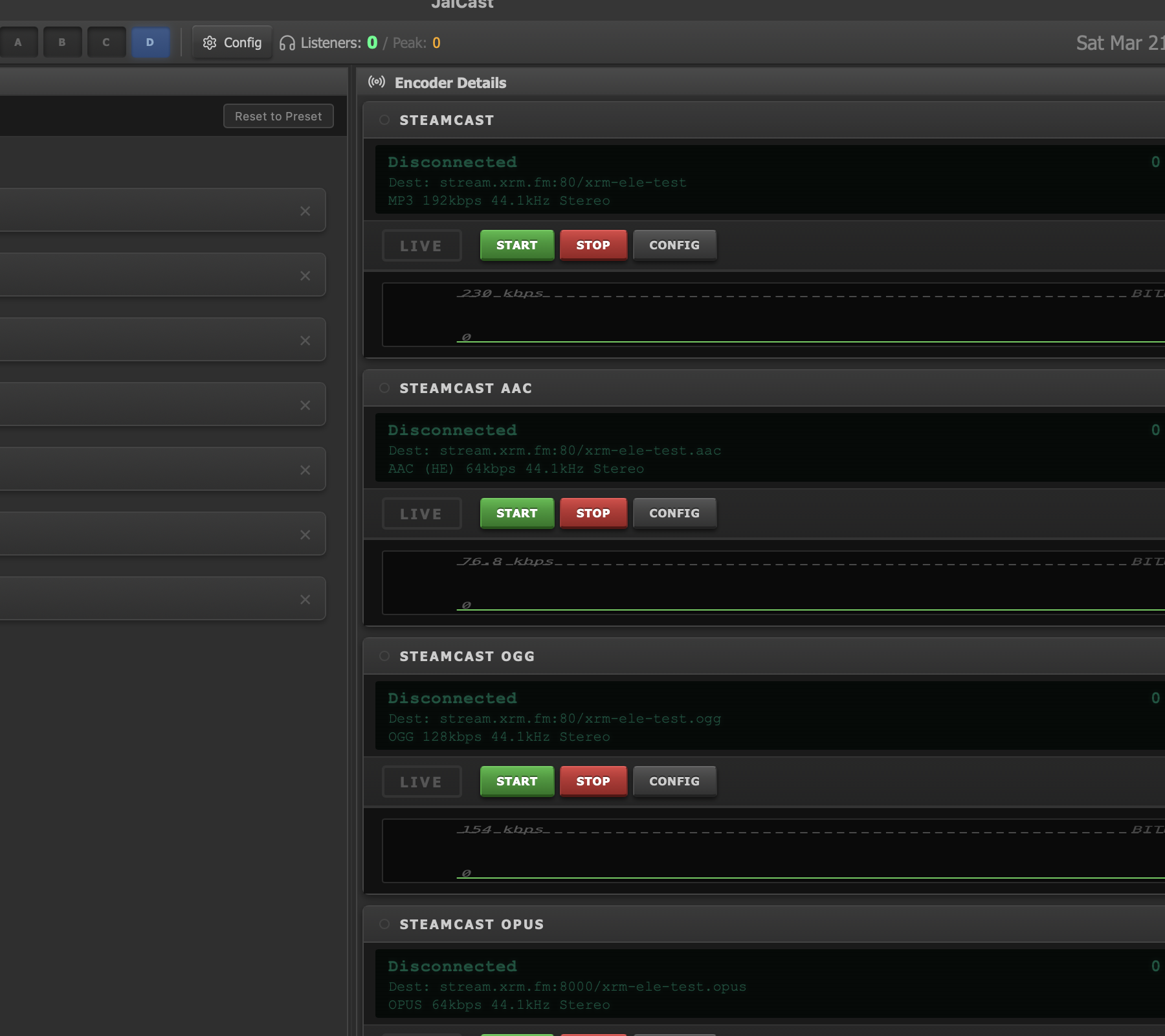 Encoder detail cards showing connection status, codec, and bitrate
