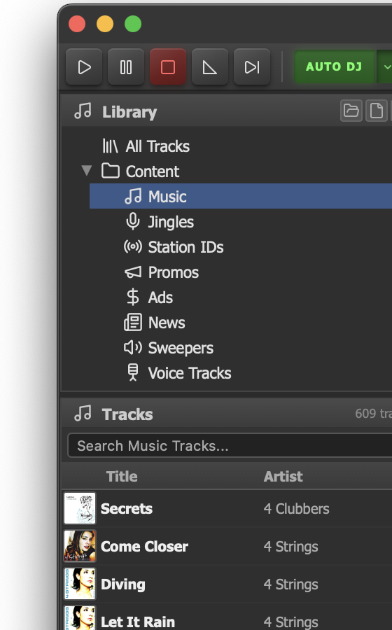 Library panel with category tree and track list