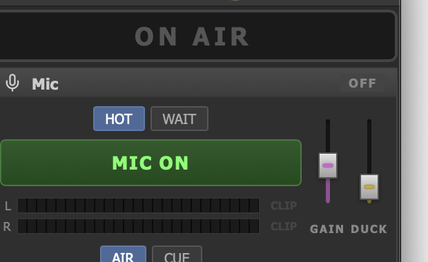 Mic panel with MIC ON button and AIR/CUE routing