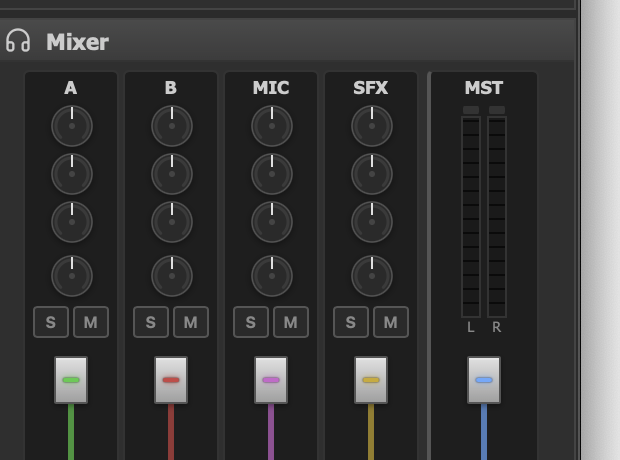 Mixer panel with faders and VU meters