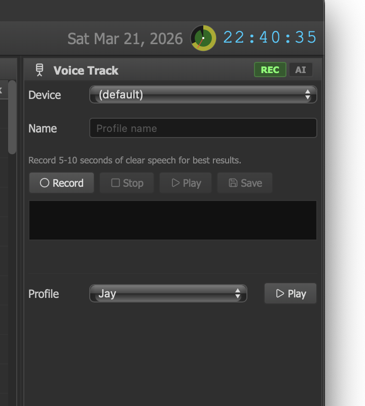 Voice Track panel with AI-generated voice breaks