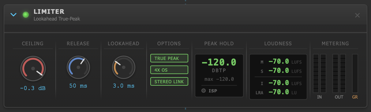 Lookahead True-Peak Limiter with LUFS metering